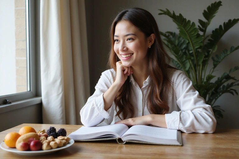 Una giovane donna che studia in un ambiente tranquillo, con un piatto di frutta fresca e noci accanto a lei, sorridendo in modo rilassato.